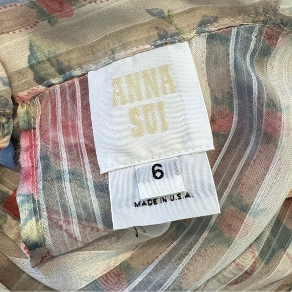 Anna Sui Whisper Rose Floral Striped Asymmetrical Puff Sleeves Cream Dress 6 - Picture 14 of 16